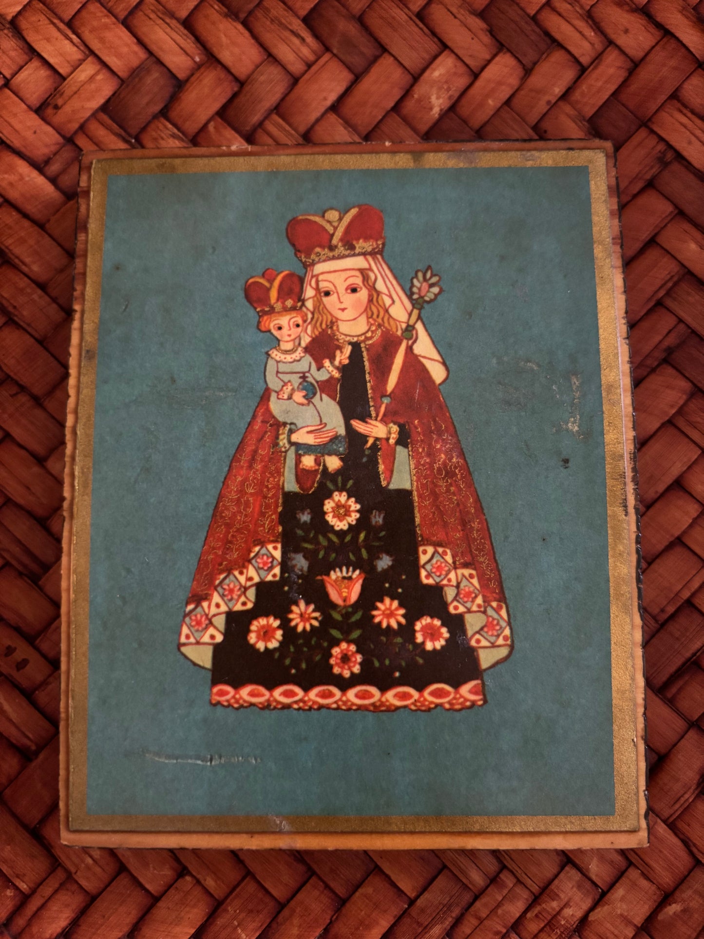 Vintage Our Lady and Child on Wooden Block