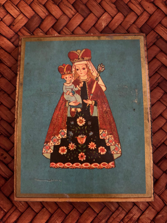 Vintage Our Lady and Child on Wooden Block